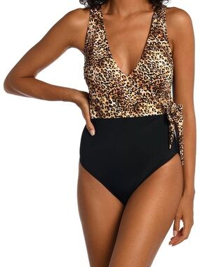 Serra Leopard Print V-Neck One-Piece Swimsuit in Black and Brown